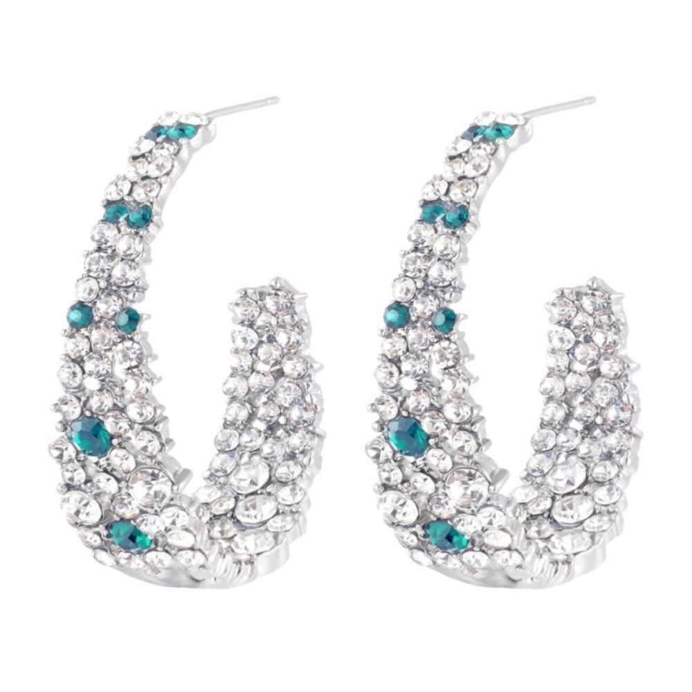 18k White Gold 925 Sterling Silver and Diamond and Emerald Crystal Hoop Earrings